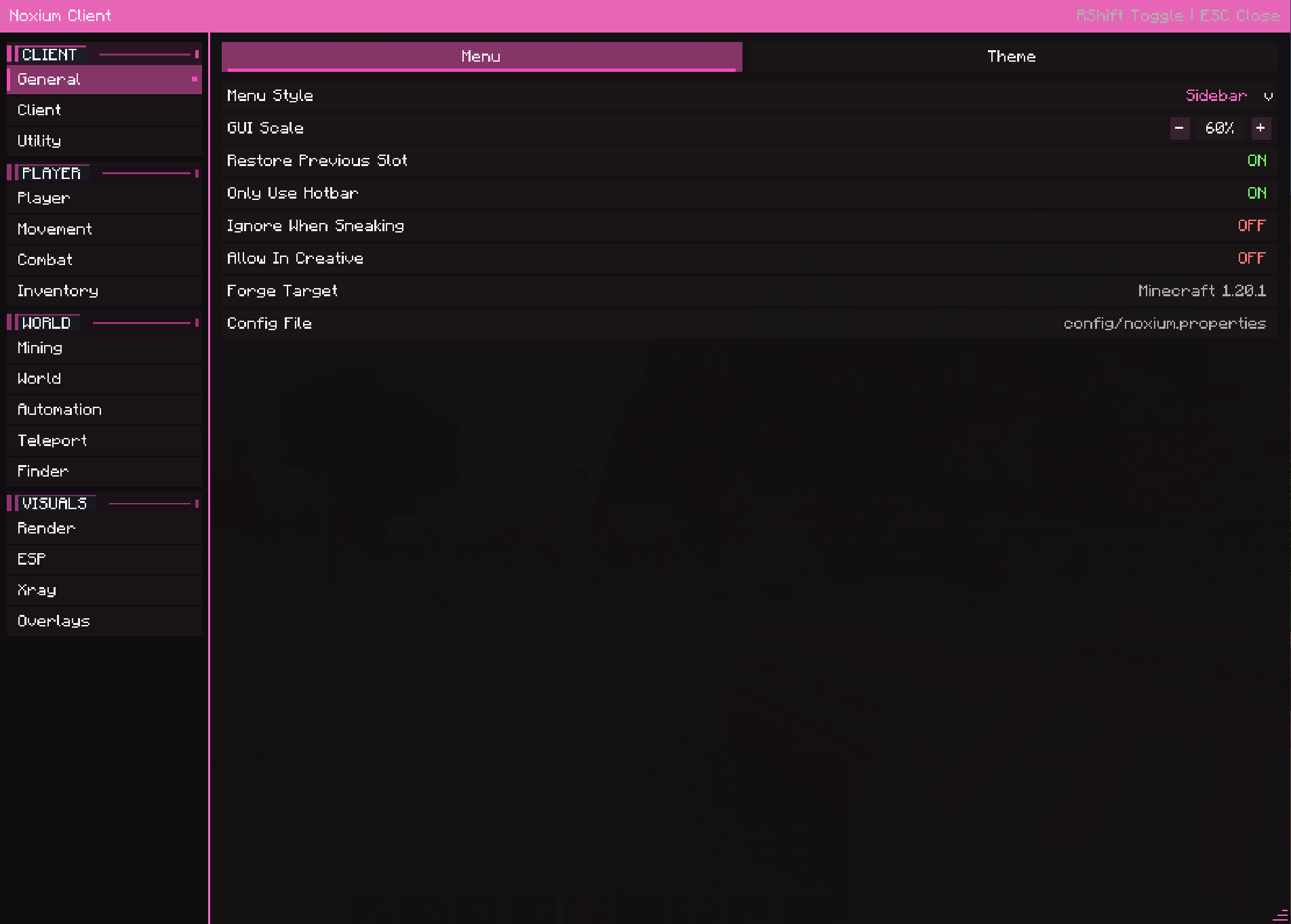 NOXIUM CLIENT Forge 1.20.1 menu